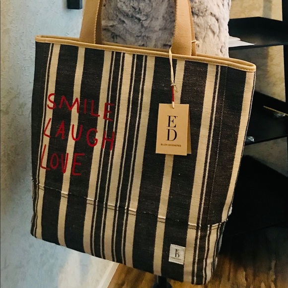 ED by Ellen Degeneres-LIVE LAUGH LOVE large cream/dark jean striped tote NWT - Picture 7 of 11